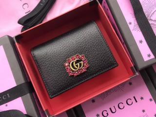 【499783 CWGHT 8230】 GUCCI グッチ レディース 財布 コピー 2018新作 ダブルG＆クリスタル カードケース コイン＆紙幣入れ付き 二つ折り財布 ブラック レザー