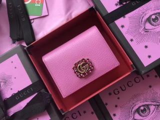 【499783 CWGHT 5871】 GUCCI グッチ 2018新作 レディース 財布 スーパーコピー ダブルG＆クリスタル レザー カードケース コイン＆紙幣入れ付き 二つ折り財布 ピンク レザー