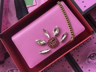 【499782 CWGIT 5872】 GUCCI グッチ レディース バッグ スーパーコピー ダブルG＆クリスタル ミニチェーンショルダーバッグ ピンク レザー