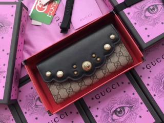 【431474 KHNKT 9769】 GUCCI グッチ GGスプリーム 長財布 コピー キャンバスコンチネンタルウォレット レディース 二つ折り財布 ブラック レザー トリム