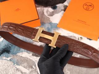 エルメスベルト38MM　牛革(鰐皮模様)　Hボタンゴールド金具　ダークコーヒー色