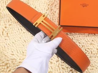 Hボタンゴールド金具　エルメスベルト　牛革（レイシ皮模様）オレンジ色＆黒