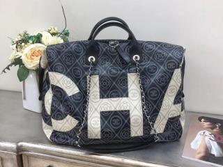 【A57164 Y83565 C2417】 CHANEL シャネル バッグ スーパーコピー 2018年春夏 ボーリング バッグ プリント キャンバス & カーフスキン レディース トートバッグ ブラック & ベージュ