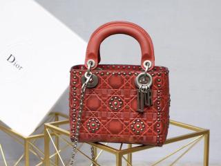 【M0598VLAF_M47R】 DIOR ディオール バッグ コピー スタッズカーフレザー “レディ ディオール” ミニハンドバッグ レディース ショルダーバッグ レッド