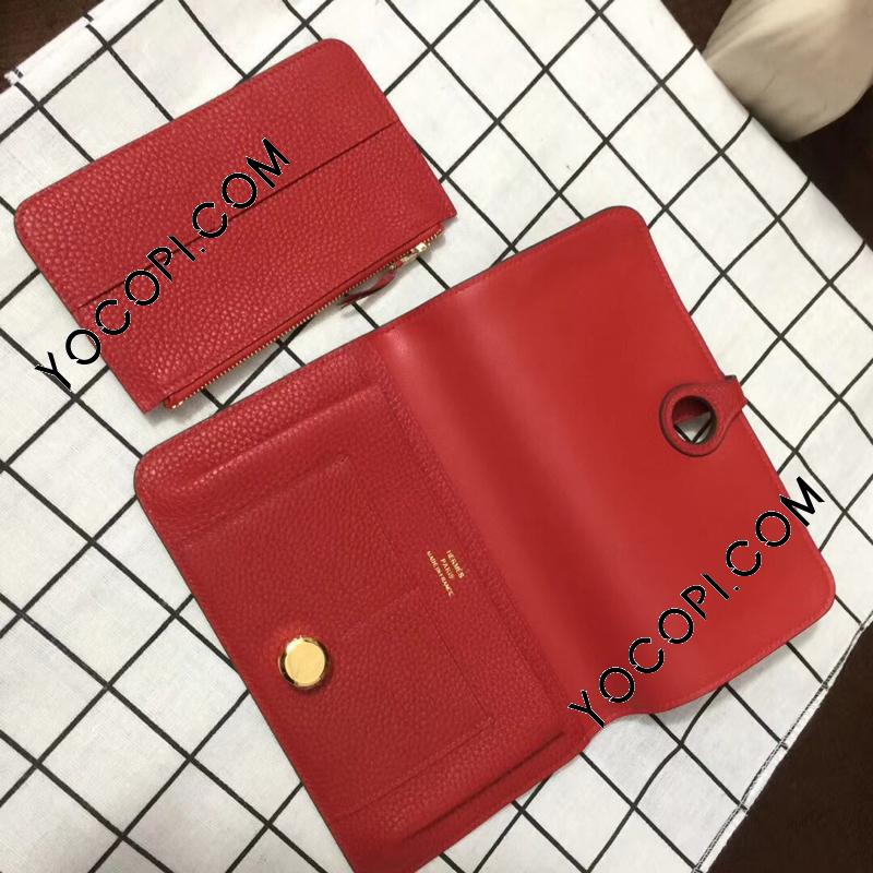 レザー 赤 二つ折り財布 ゴールド金具　エルメス エルメス財布スーパーコピー品 送料無料 エルメス ドゴンGM 二