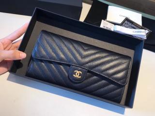 【A80758 19281】 CHANEL シャネル 財布 コピー クラシック フラップ ウォレット Vステッチ レディース 二つ折り長財布 ゴールド金具 7色可選択 ブラック