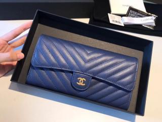 【A80758 19283】 CHANEL シャネル 財布 コピー クラシック フラップ ウォレット Vステッチ レディース 二つ折り長財布 ゴールド金具 7色可選択 コバルトブルー