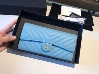 【A80758 19285】 CHANEL シャネル 財布 コピー クラシック フラップ ウォレット Vステッチ レディース 二つ折り長財布 ゴールド金具 7色可選択 スカイブルー
