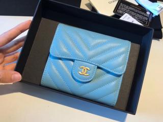 【A82288 11265】 CHANEL シャネル 財布 スーパーコピー スモールウォレット Vステッチ レディース 三つ折り財布 ゴールド金具 7色可選択 スカイブルー