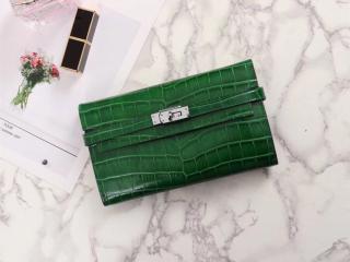 HERMES エルメス ケリー 長財布 スーパーコピー Kelly クロコ型押 レディース 二つ折り財布 シルバー金具 7色可選択 グリーン 【H07082】