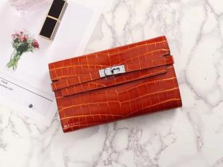 HERMES エルメス ケリー 長財布 コピー Kelly クロコ型押 レディース 二つ折り財布 シルバー金具 7色可選択 オレンジ 【H07085】