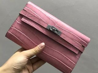 HERMES エルメス ケリー 長財布 コピー Kelly クロコ型押 レディース 二つ折り財布 シルバー金具 7色可選択 ピンク 【H07087】