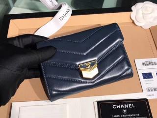 【A81224 Y33278 0B821】 CHANEL シャネル 長財布 スーパーコピー 2018/19年 スモール フフラップ ウォレット レディース 三折り財布 ゴールド金具 3色可選択 ダークネイビー