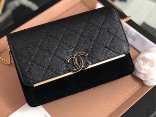 【A70641 Y33357 94305】 CHANEL シャネル 長財布 コピー 2018/19年 グレインド カーフスキン & スウェード カーフスキン チェーンウォレット レディース 二折り財布 2色可選択 ブラック