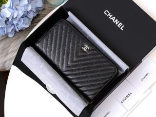 【A50097】 CHANEL シャネル 長財布 スーパーコピー グレインド カーフスキン クラシック ジップ ウォレット ラウンドファスナー財布 ブラック ゴールド金具/シルバー金具