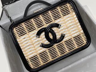 【A93343 B00429 N4443】 CHANEL シャネル バッグ コピー 19SS ラタン & パテント カーフスキン ヴァニティー ケース ハンドバッグ レディース ショルダーバッグ ベージュ、ブラック & ホワイト