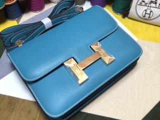 【H1050-18】 HERMES エルメス コンスタンス バッグ コピー Constance ヴォー・エプソン レディース ショルダーバッグ 牛仔兰 18cm/23cm ゴールド/シルバー金具 可選