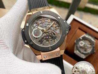 ウブロ時計 アナログ自動巻BIG BANG MECA-10 ムーブメント時計 レアルゴムのバンド トップムーブメント幅44mm 灰色文字盤　[ケース]灰色
