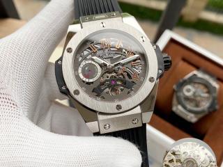 ウブロ時計 アナログ自動巻BIG BANG MECA-10 ムーブメント時計 レアルゴムのバンド トップムーブメント幅44mm [文字盤]灰色　[ケース]白色