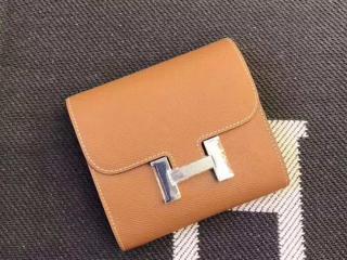 エルメスコンパクト財布 Hermesヴォー・エプソン短い財布 折りたたみ財布 輸入牛革Cartera Constance Compact二つ折財布 土黄　ゴールド/シルバー金具選択可