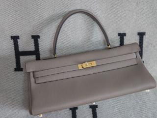レア エルメスバッグkelly 42cm イブニングバッグ 2020年新品バッグ 2WAYバッグ 半手作業 輸入牛革（レイシ皮模様）ゴールド金具 薄灰色