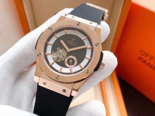 自動巻きウブロ時計 hublotメンズ用腕時計 クラシック2針デザイン 幅45*13mm [文字盤]黒色/ブルー[ケース]ピンクゴールド 牛革ベルト（ブルーと黒選択可）