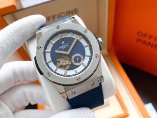 自動巻きウブロ時計 hublotメンズ用腕時計 クラシック2針デザイン  幅45*13mm [文字盤]黒色/ブルー[ケース]シルバー 牛革ベルト（ブルーと黒選択可）