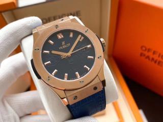 輸入機械ウブロ時計 hublotメンズ用腕時計 クラシック3針デザイン  幅46*13mm [文字盤]黒色　[ケース]ピンクゴールド　輸入牛革ベルト（ブルーと黒選択可）