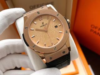 輸入機械ウブロ時計 hublotメンズ用腕時計 クラシック3針デザイン 幅46*13mm [文字盤]ゴールド [ケース]ピンクゴールド  輸入牛革ベルト