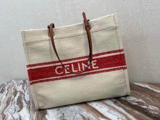 【192172DBS.27DT】 CELINE セリーヌ バッグ スーパーコピー 21新作 CABAS スクエア CELINE カバ / “プラン ソレイユ”テキスタイル & カーフスキン レッド / タン トートバッグ
