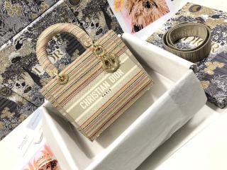 【M0565OREO_M884】 Dior ディオール バッグ スーパーコピー 21新作 Lady D-Lite ミディアムバッグ Stripes エンブロイダリー レディース バッグ