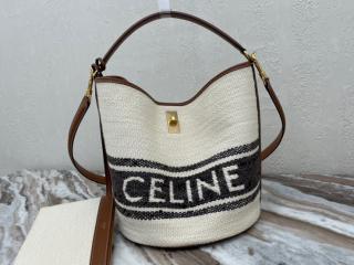 【195572DJB-4】 CELINE セリーヌ バッグ コピー 21新作 16 バケットバッグ/CELINEロゴ入りテキスタイル ＆ スムースカーフスキン ショルダーバッグ