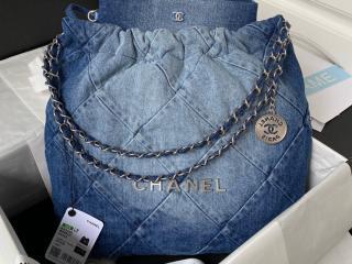 【AS3261 B10439 NM981】 CHANEL 22 シャネル バッグ コピー 23年新作 ハンドバッグ ウォッシュド デニム ショルダーバッグ ライトブルー & ブルー