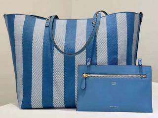 【8BH425-1】 FENDI フェンディ バッグ スーパーコピー 25新作 Roll ロール ラージ リバーシブルトートバッグ ペカンストライプ ブルーFFモチーフ ファブリック