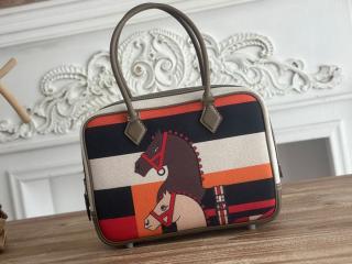【plume25-02】 Hermes エルメス バッグ コピー Plume プリュム 25 キャンバス&カーフスキン シルバー金具 ハンドバッグ